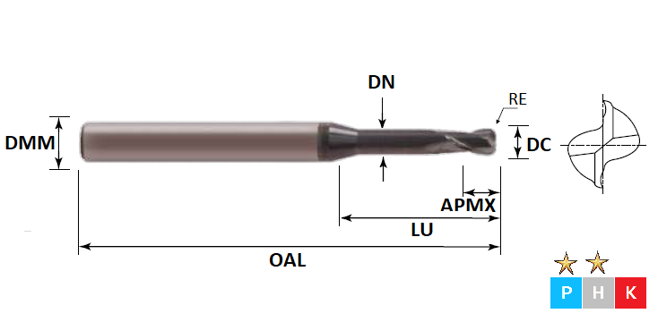 2.0mm 2 Flute (0.3mm Radius, 6.0mm Effective Length) Rib Processing Pulsar DMX Carbide Slot Drill
